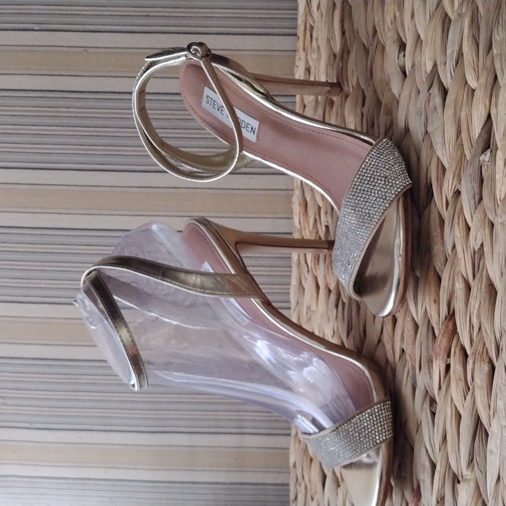 Seve Madden Ritter gold rhinestone high heel sandals.